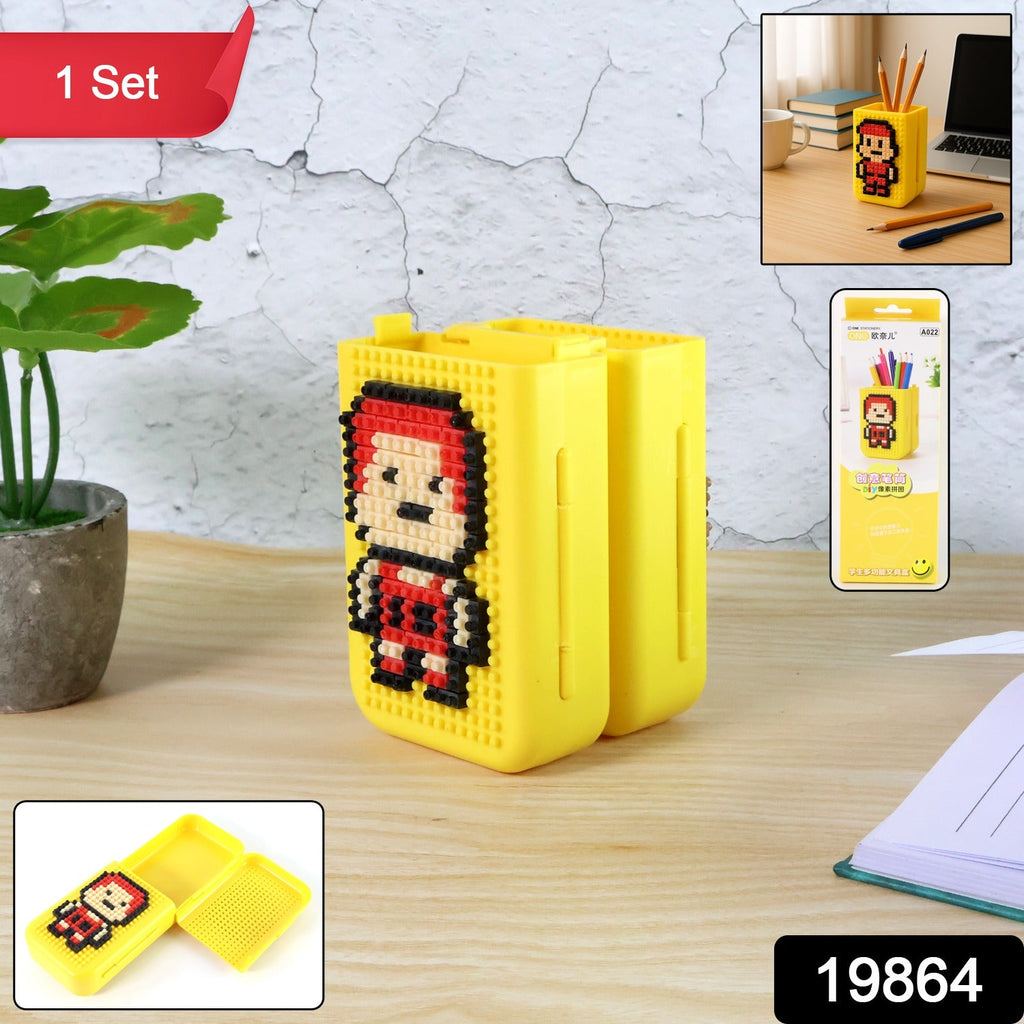 DIY Pixel Art Pen Stand on a study desk, customized with various block patterns.