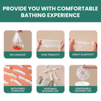 An aqua-colored VelvaBloom disposable shower cap laid flat, showing its full elastic fit.