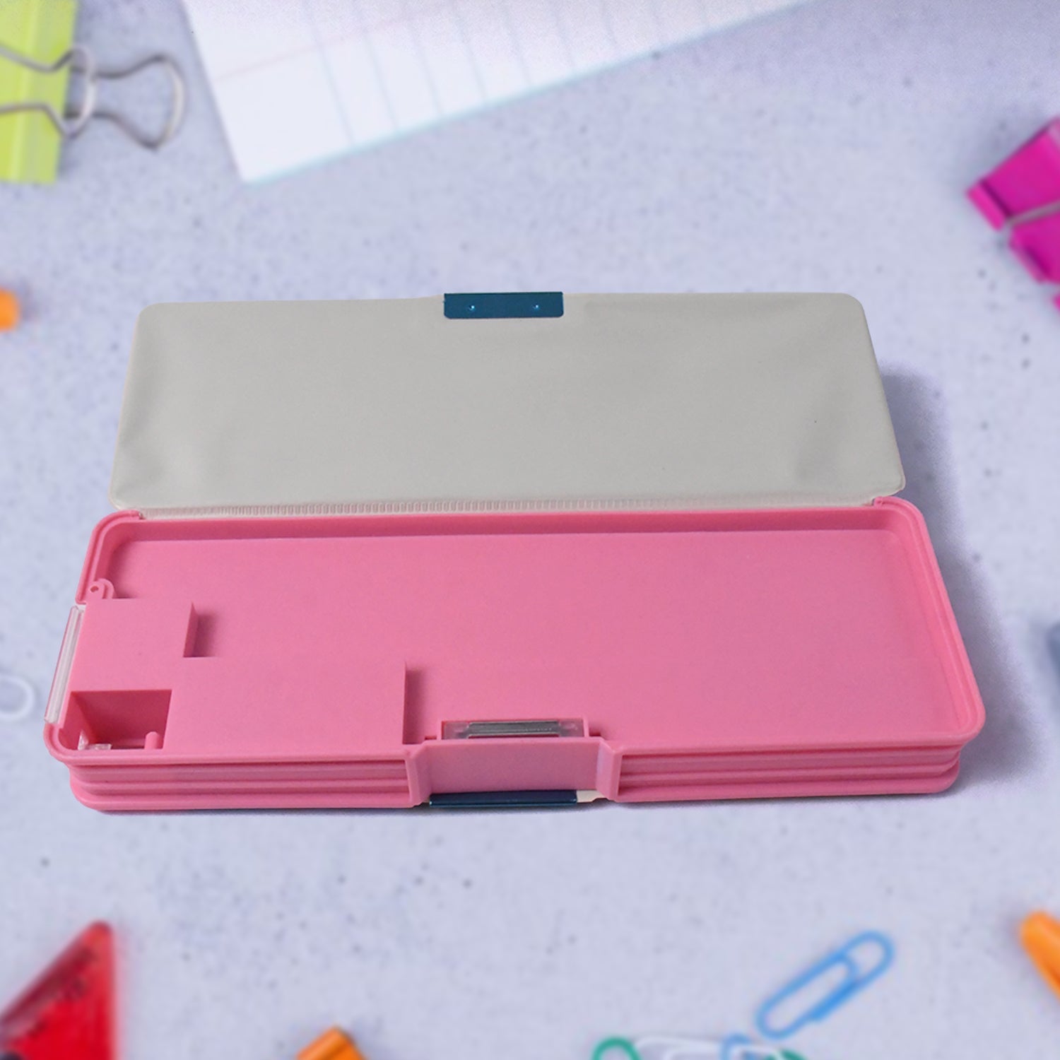 Multifunctional plastic stationery box with appealing colorful artwork for children.