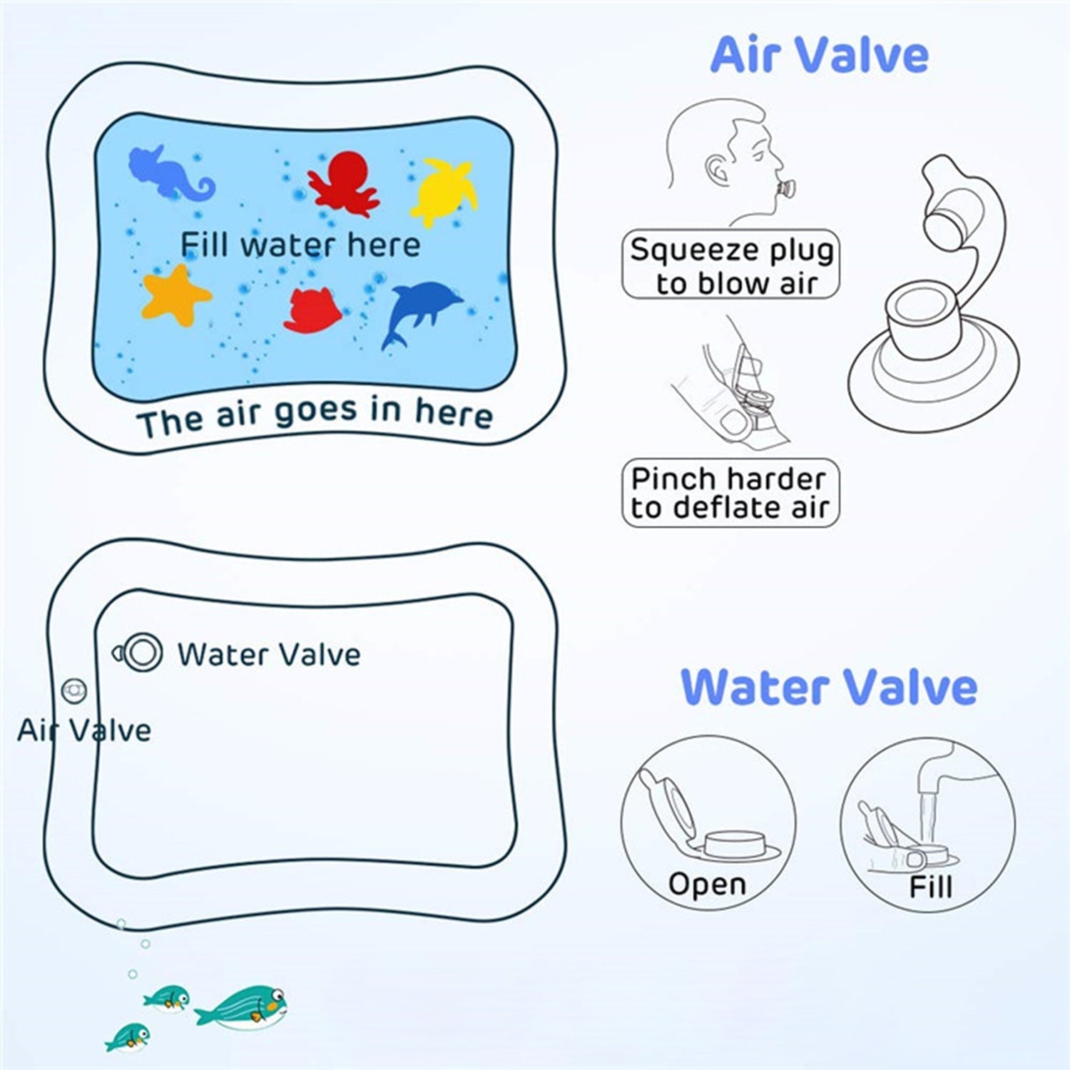 Detailed view of the robust PVC material and secure valve on the inflatable baby play mat.
