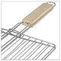 Foldable barbecue grill with wooden handle, perfect for outdoor cooking.