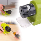 The electric knife sharpener displayed with its packaging, emphasizing its convenience.