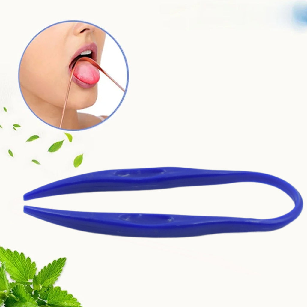 Close-up of a Plastic Tongue Cleaner gently removing tongue coating.