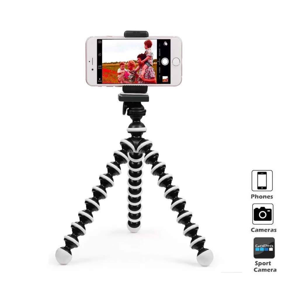 Natation flexible camera tripod shown with both a camera and a phone adapter.