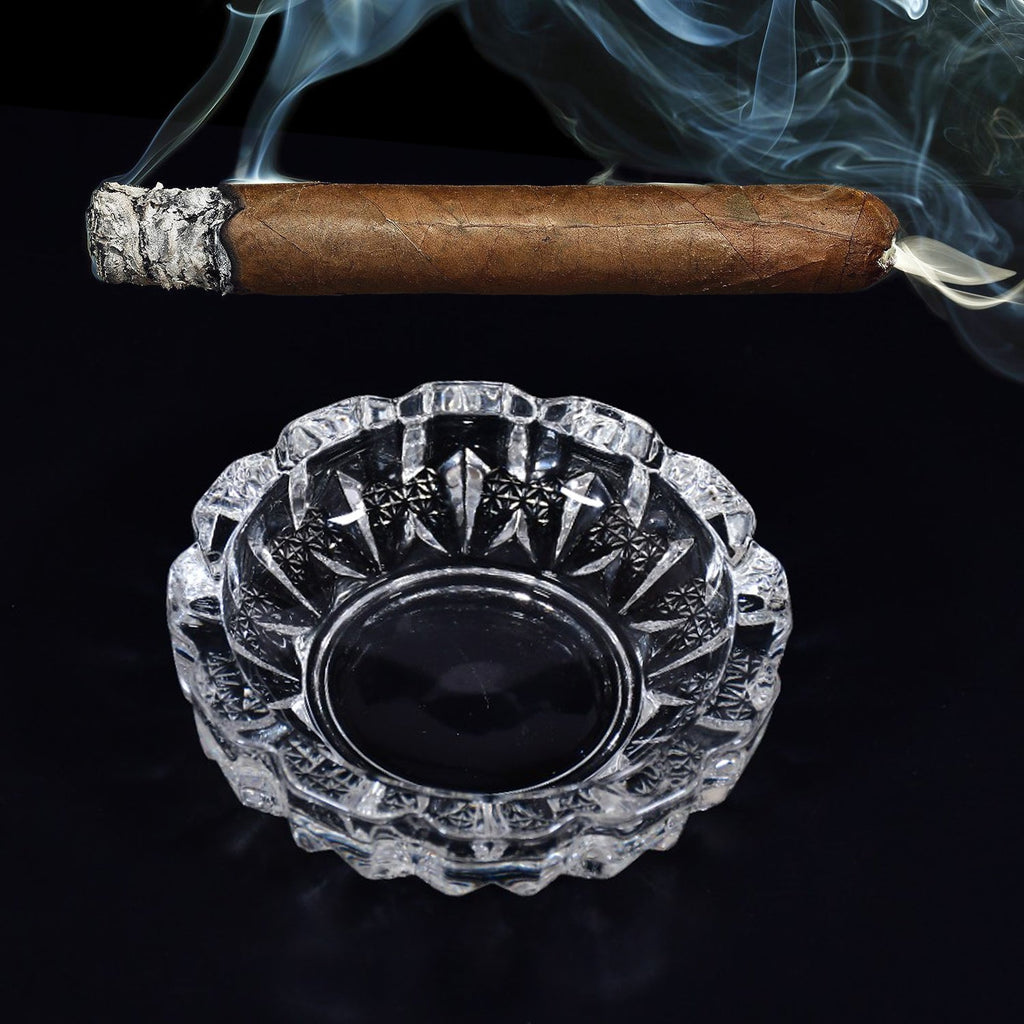 Close-up of the durable crystal glass ashtray, showcasing its quality and design.