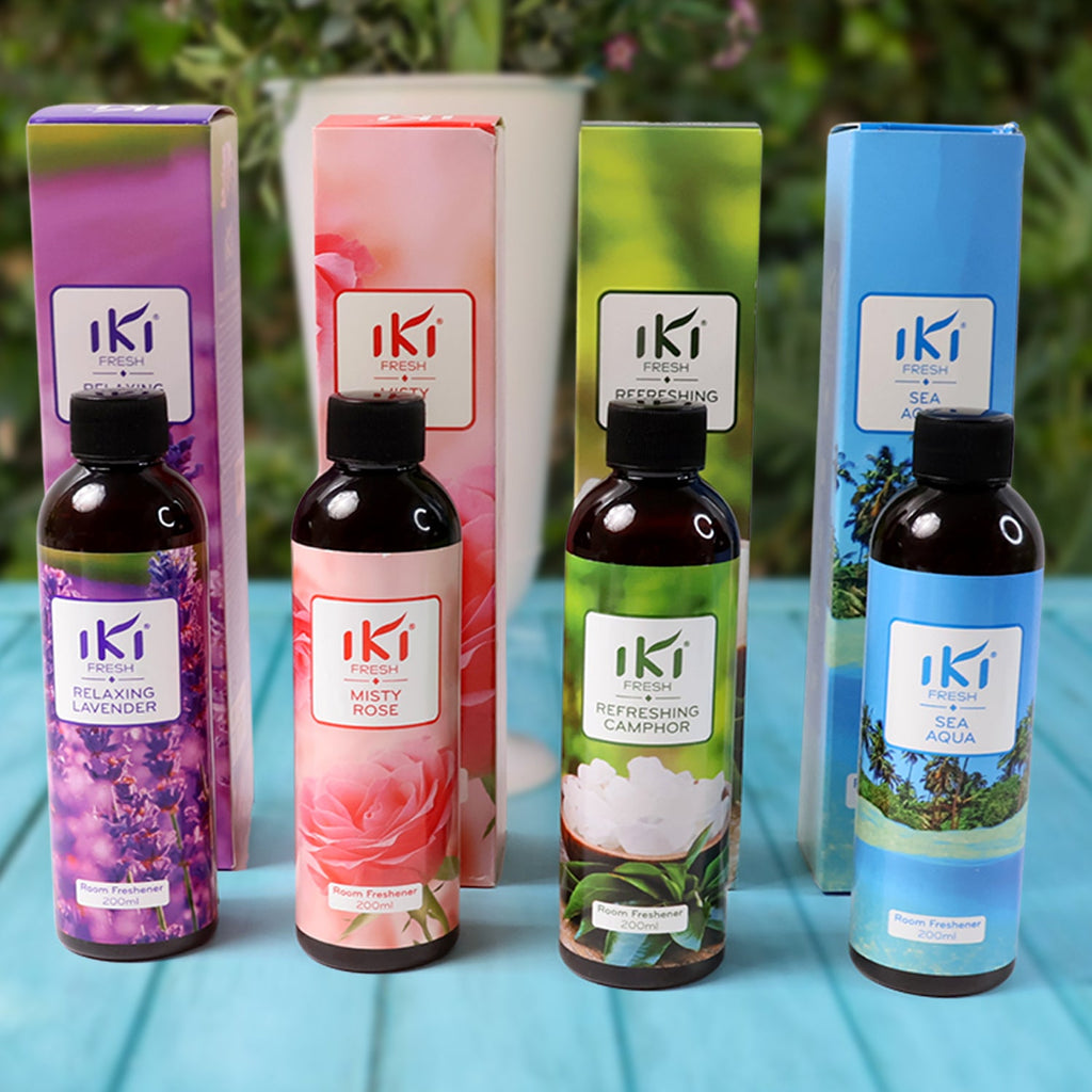 Side view of IKI Room Air Freshener 200ml spray bottle