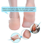 Rear view of feet wearing silicone gel heel socks, showing the heel coverage for deep moisturizing.
