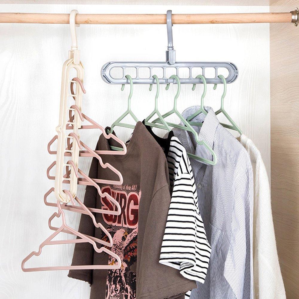 The multi-functional 9-hole hanger efficiently organizes various clothes inside a closet.