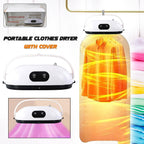 Portable clothes dryer with transparent cover and hanging rack.