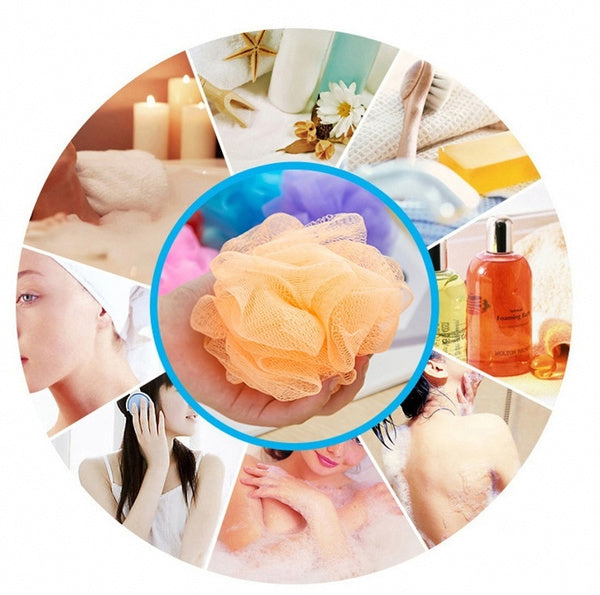 Bath loofah with an extended back scrubber handle for easy reach.