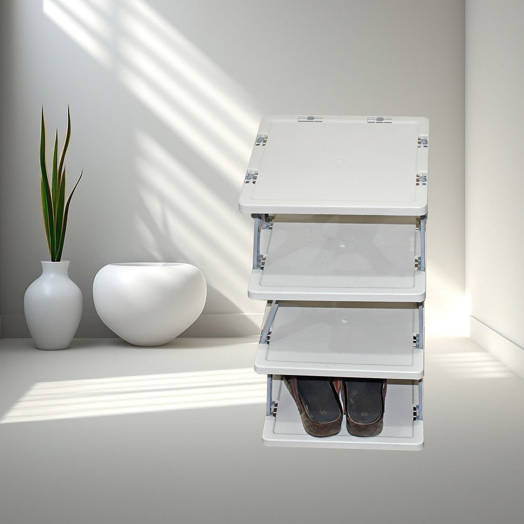 Side view of the multi-functional foldable shoe rack, neatly organizing footwear.