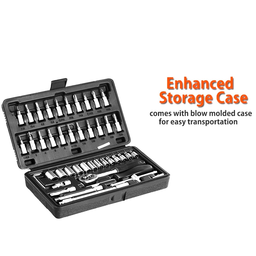 Compact 46-piece socket set case demonstrating its portable size for easy storage.