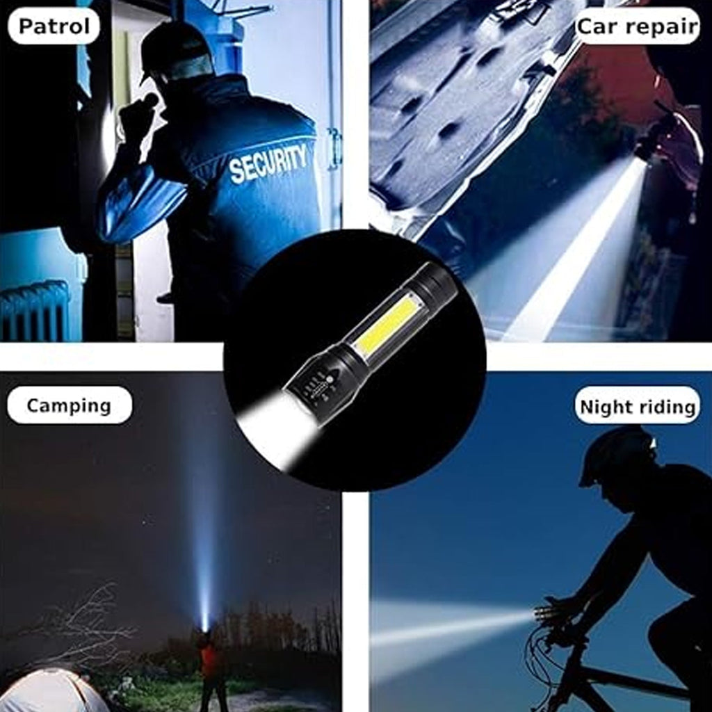 Bright beam from the rechargeable LED flashlight illuminating darkness.