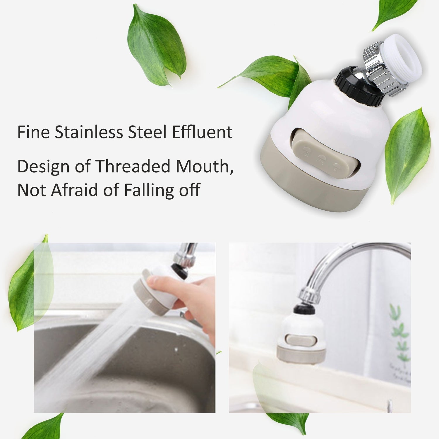 Stainless steel faucet filter sprayer preventing splashes during use in a kitchen sink.