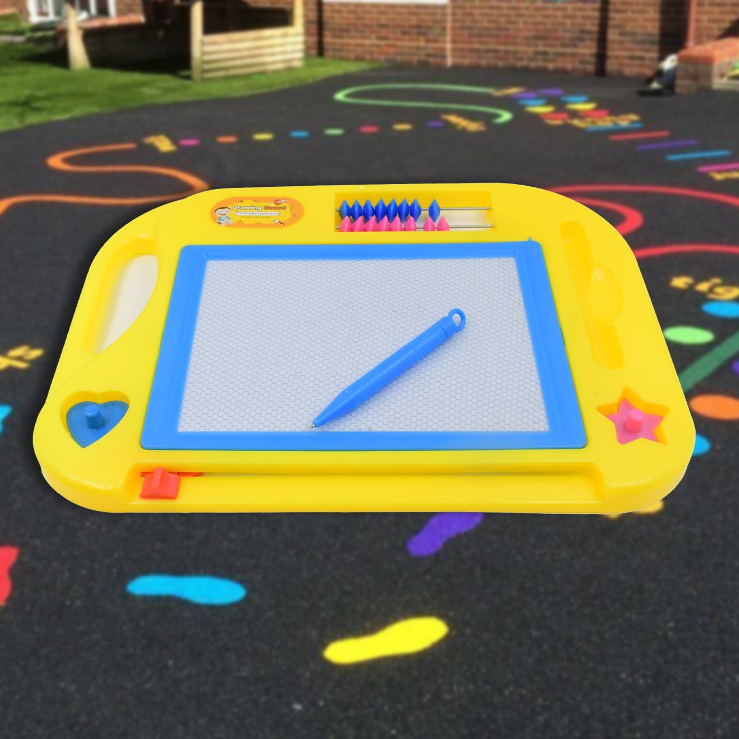 Side profile of the kids learning toy, highlighting its slim design and portability.