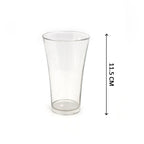 A hand holding one of the clear plastic juice glasses, demonstrating its ergonomics.
