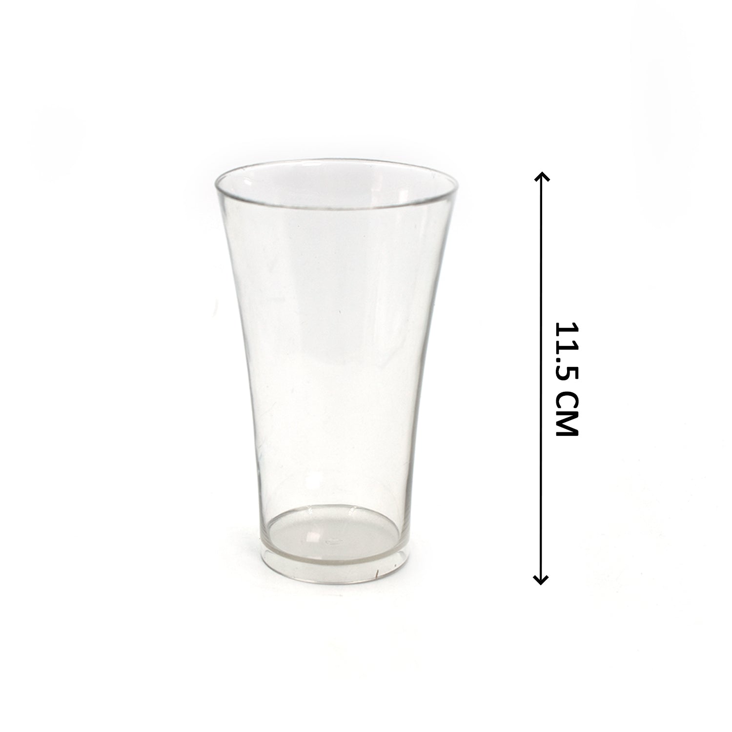 A hand holding one of the clear plastic juice glasses, demonstrating its ergonomics.