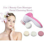 The portable pink body exfoliator with its five interchangeable heads displayed.