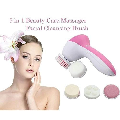 The portable pink body exfoliator with its five interchangeable heads displayed.
