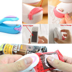 The mini heat sealer creating a secure, transparent seal on a plastic bag.
