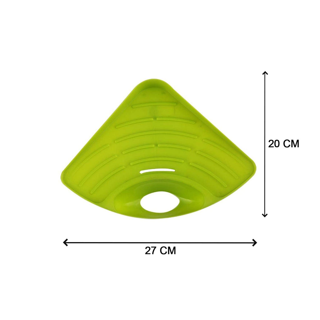 Efficient triangular strainer for kitchen sink waste and organization.