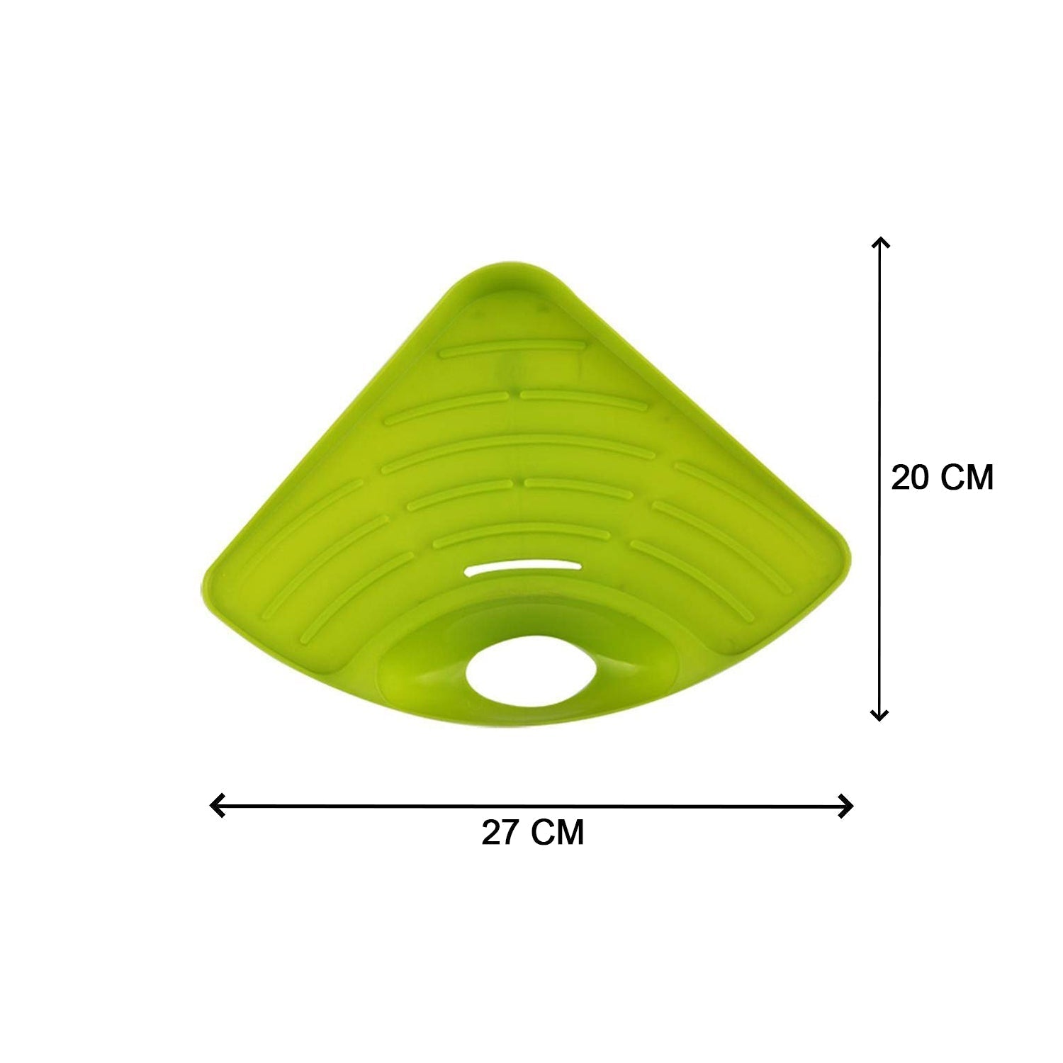 Efficient triangular strainer for kitchen sink waste and organization.