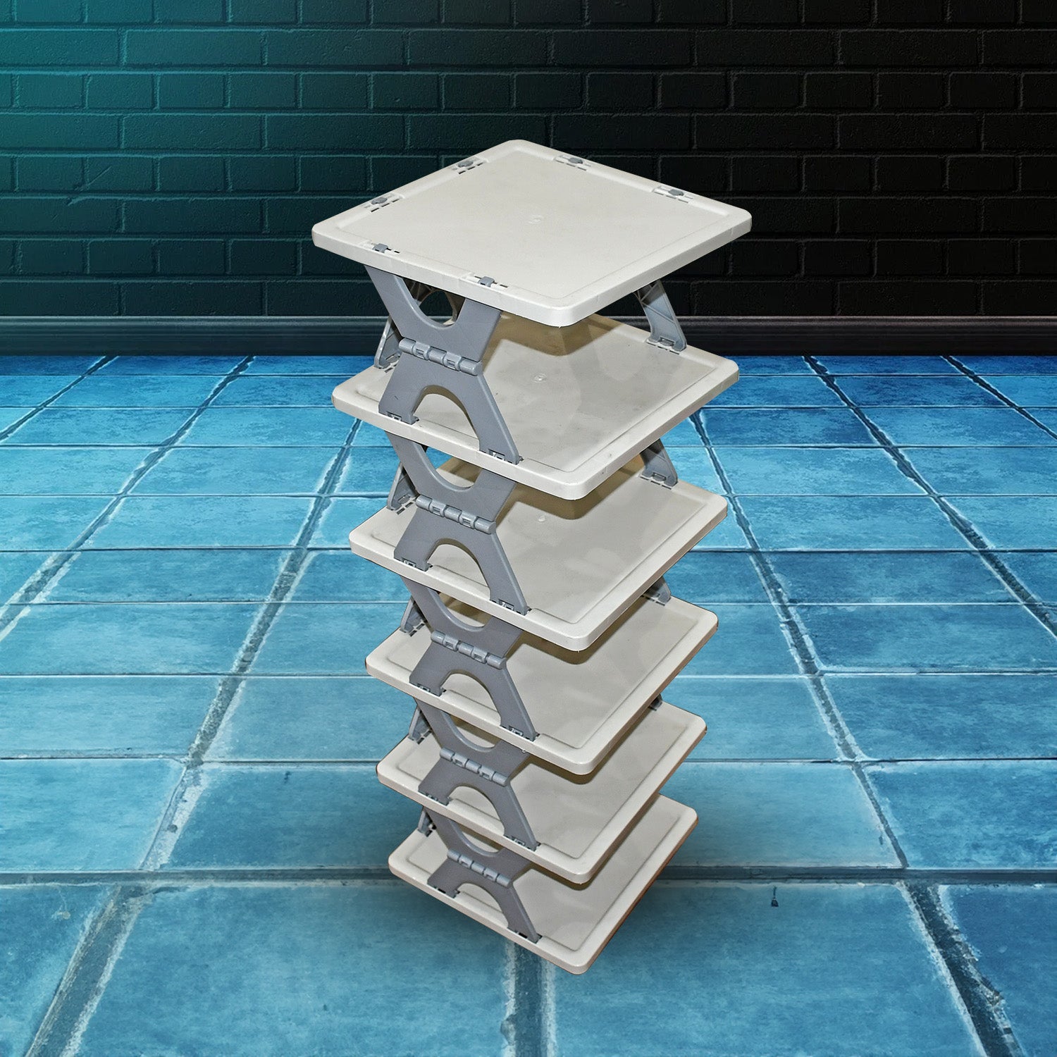 Front view of the Organivo 6-layer foldable shoe rack, ready for use.