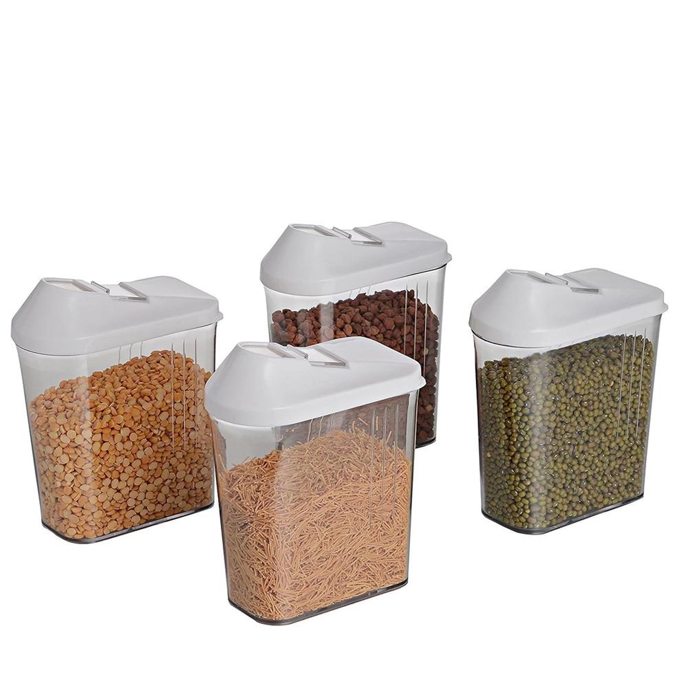 Clear plastic easy flow jars with lids, ideal for various food items.