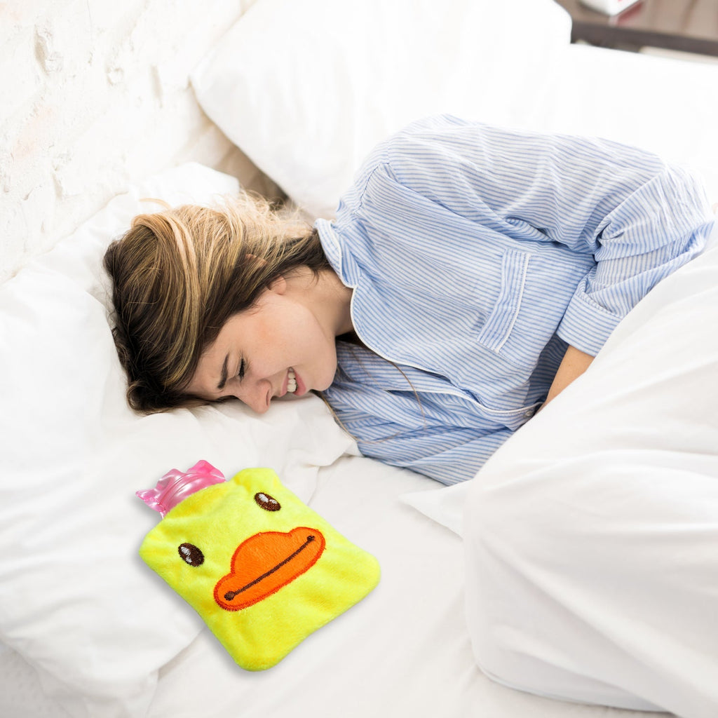 Back view of the yellow duck hot water bag, showing details.