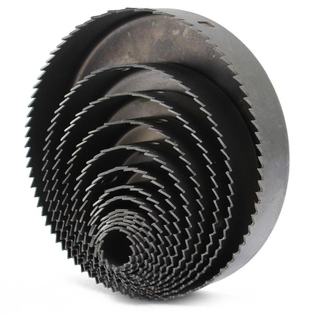 High-speed steel hole saw bits from the set, ready for precision drilling tasks.