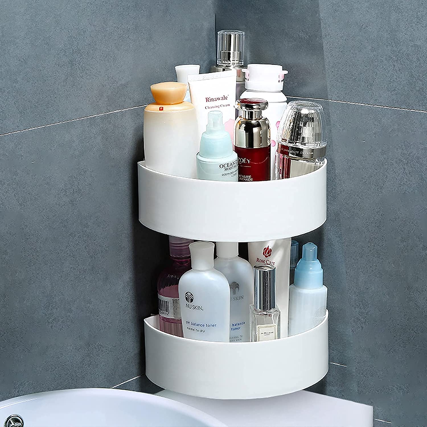 Kitchen corner storage shelf with self-adhesive backing.