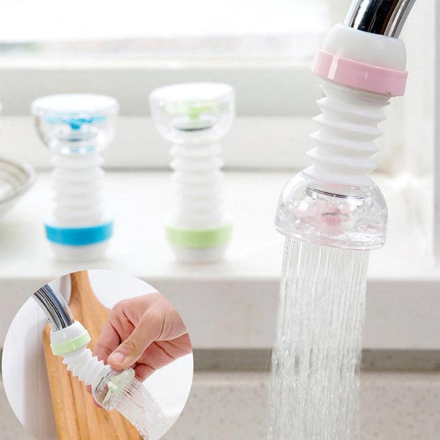 Dynamic view of the 360-degree swivel action of the faucet shower head.