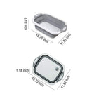 Overview of the versatile foldable chopping board, dish rack, and washing bowl.