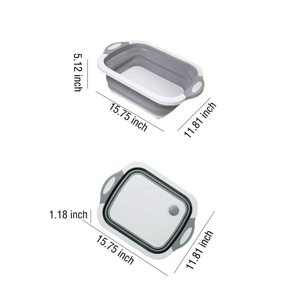 Overview of the versatile foldable chopping board, dish rack, and washing bowl.