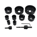 Complete 12-piece hole saw kit with various carbon steel bits for wood drilling.