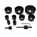 Complete 12-piece hole saw kit with various carbon steel bits for wood drilling.