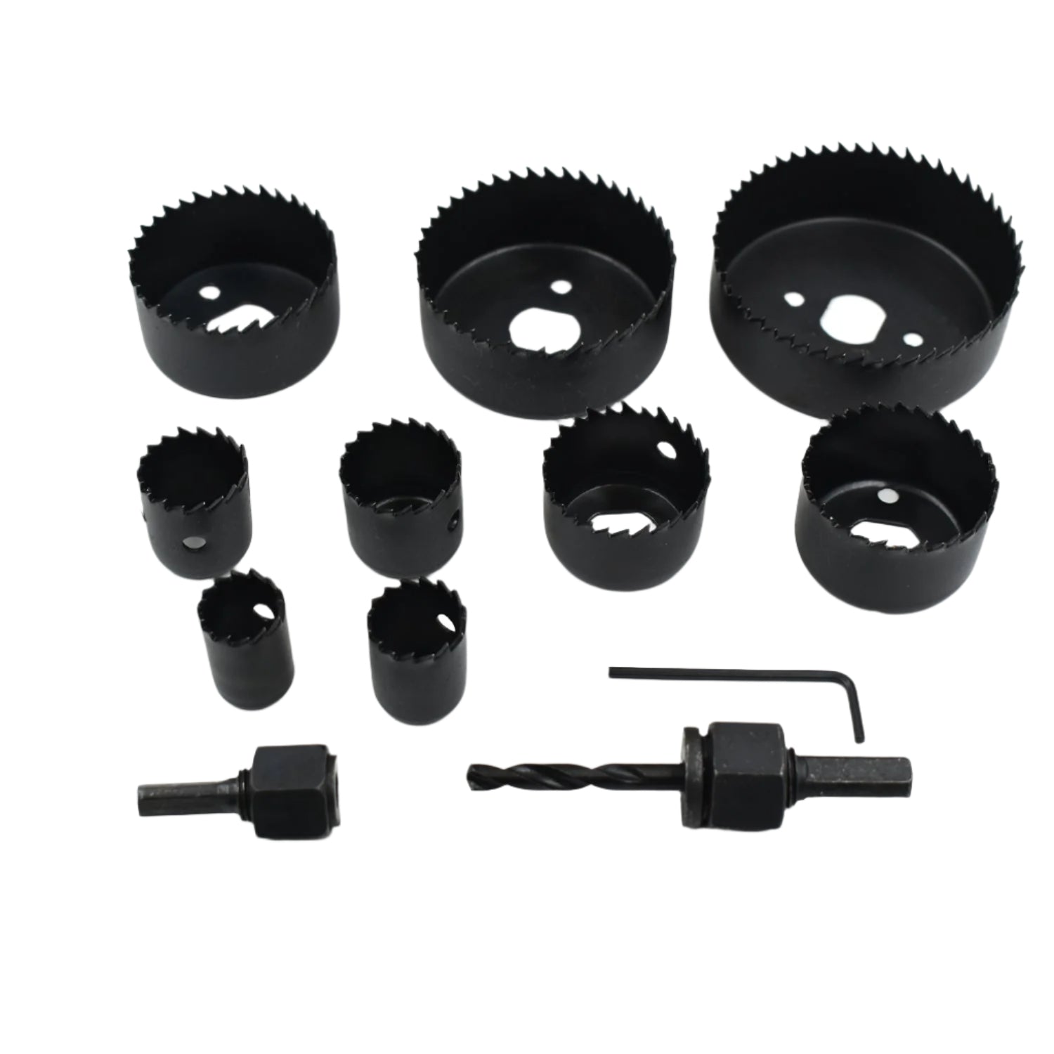Complete 12-piece hole saw kit with various carbon steel bits for wood drilling.