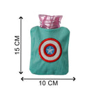 Captain America hot water bag with its cover, perfect for menstrual cramp relief.