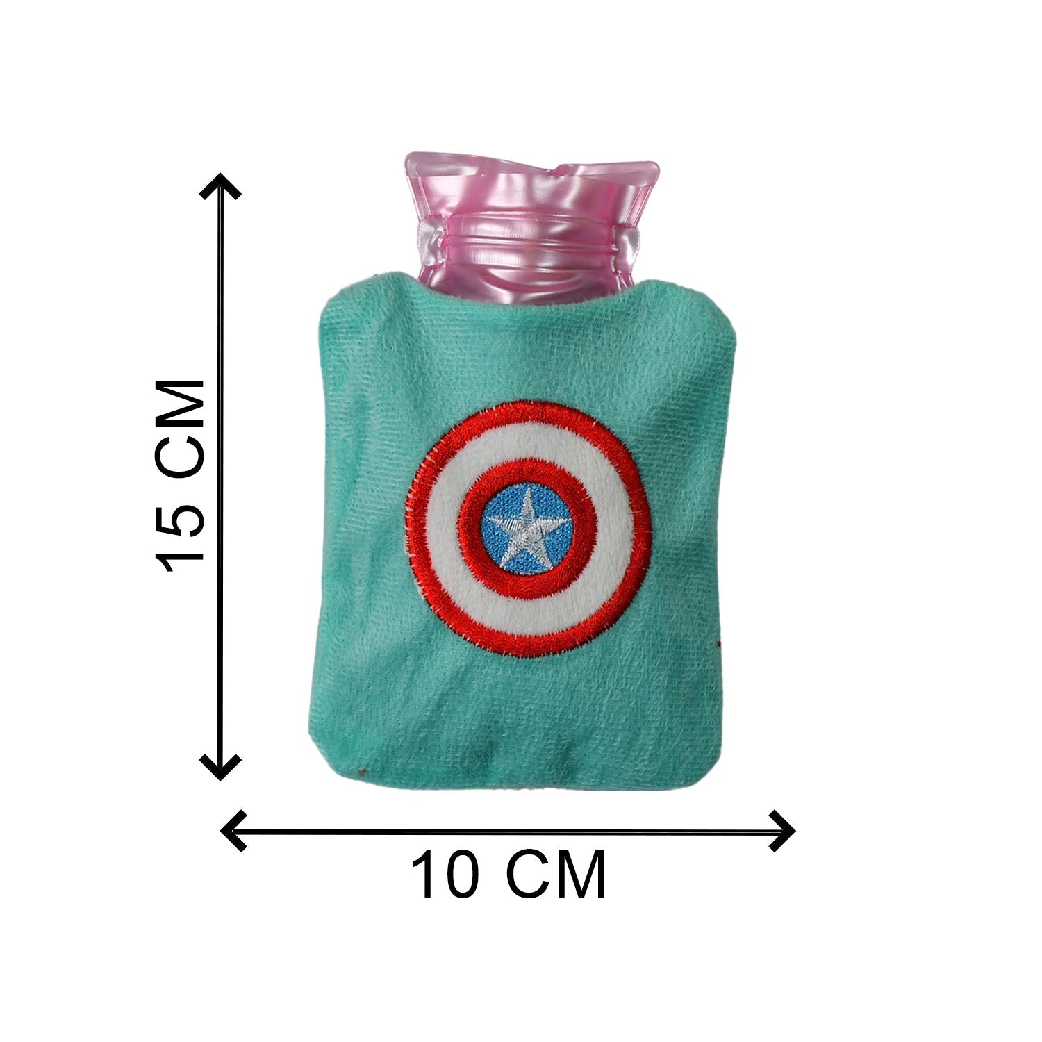 Captain America hot water bag with its cover, perfect for menstrual cramp relief.
