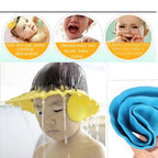 Adjustable baby shower cap featuring an elastic band for various head sizes.