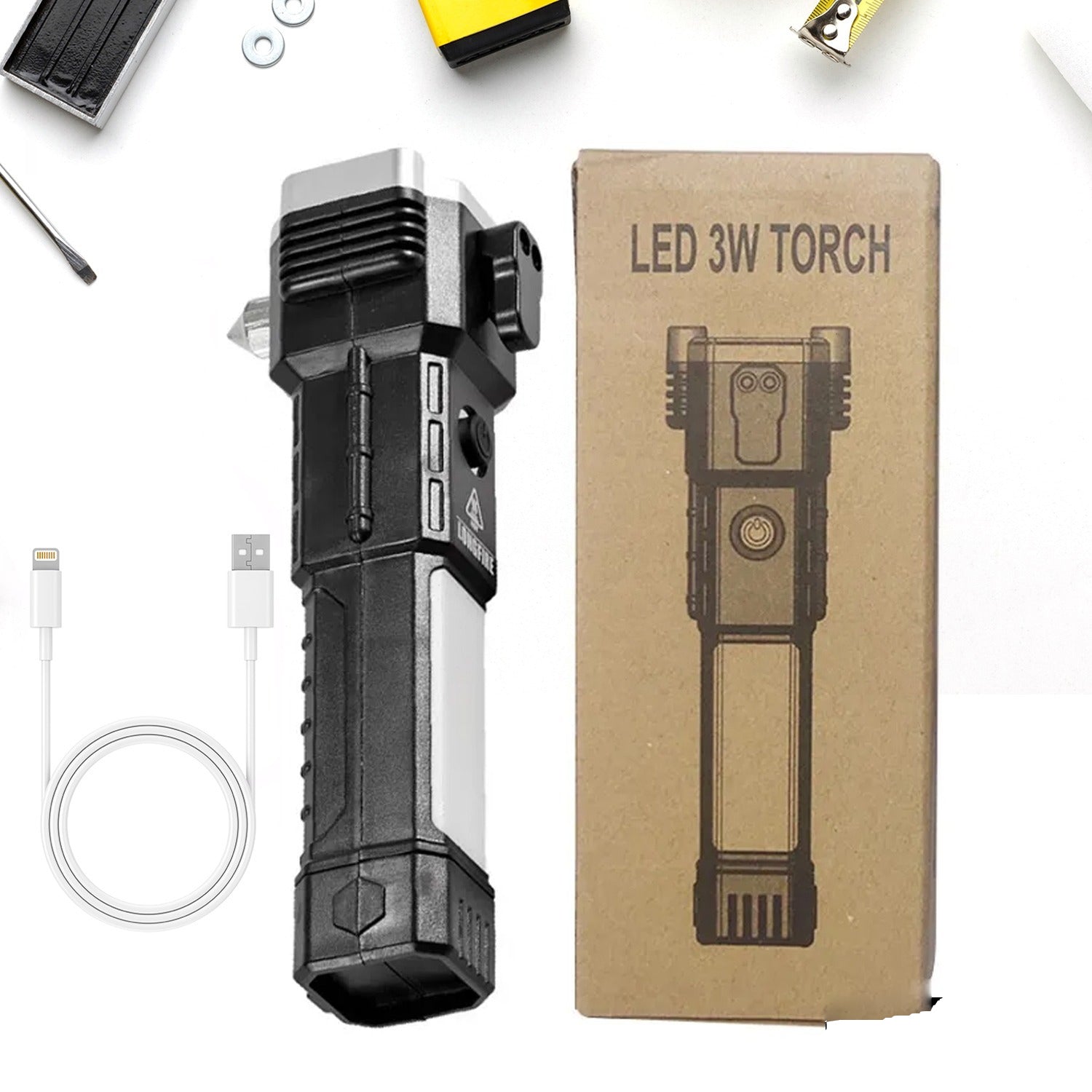 Indo Glow rechargeable LED torch showcasing its emergency hammer and glass cutter.
