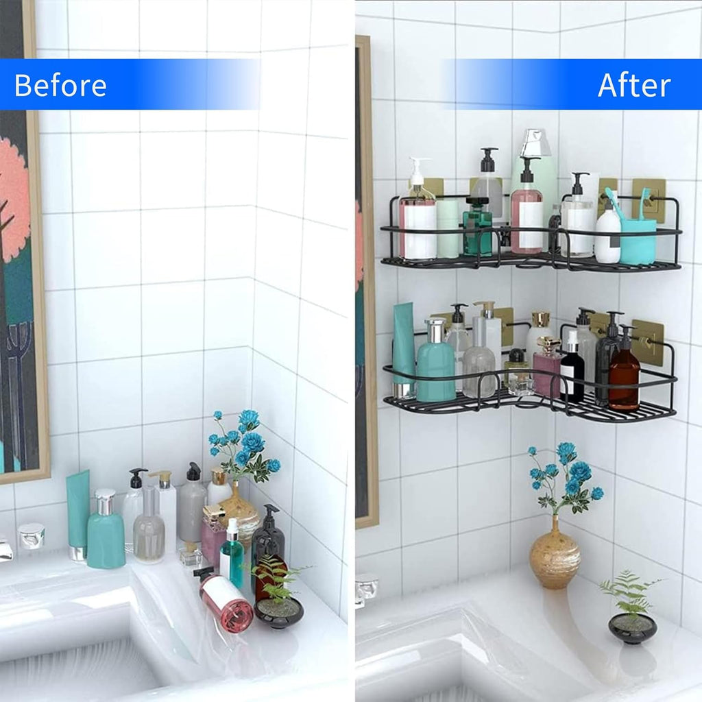 Durable no-drill metal shower shelf securely mounted in bathroom corner