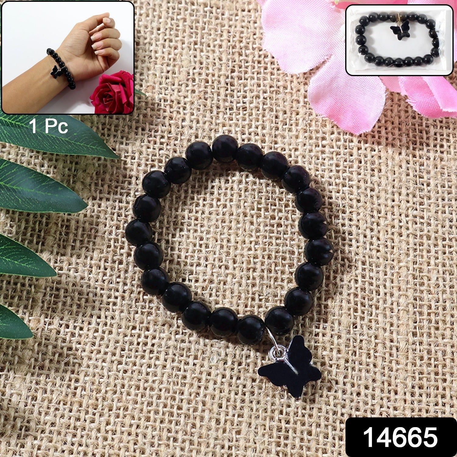Close-up of butterfly charm on glossy beaded bracelet