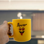 Collection of assorted designer coffee mugs with spoons and gift boxes.