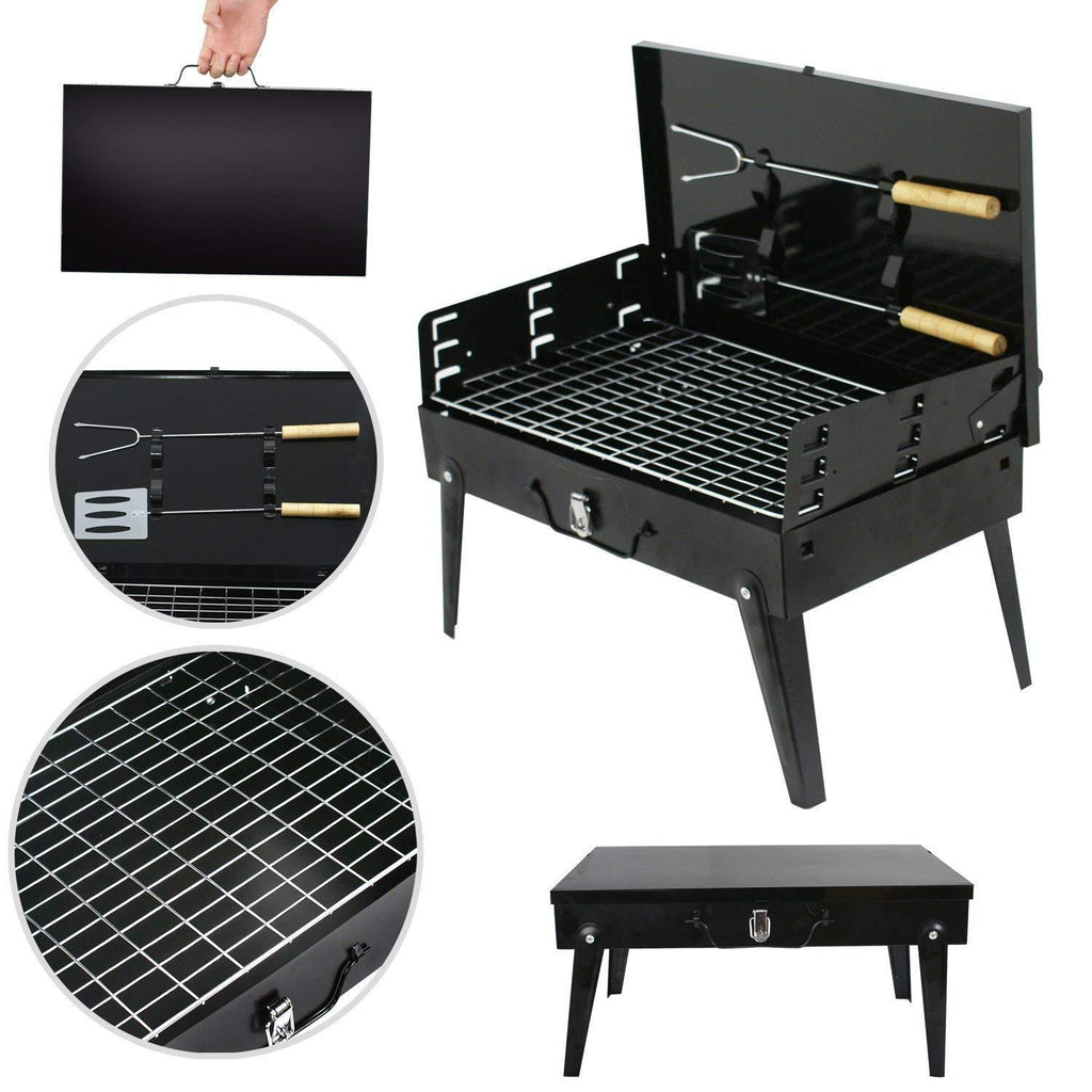 Side-by-side comparison of the folded and unfolded portable barbecue grill.