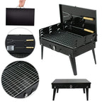 Side-by-side comparison of the folded and unfolded portable barbecue grill.
