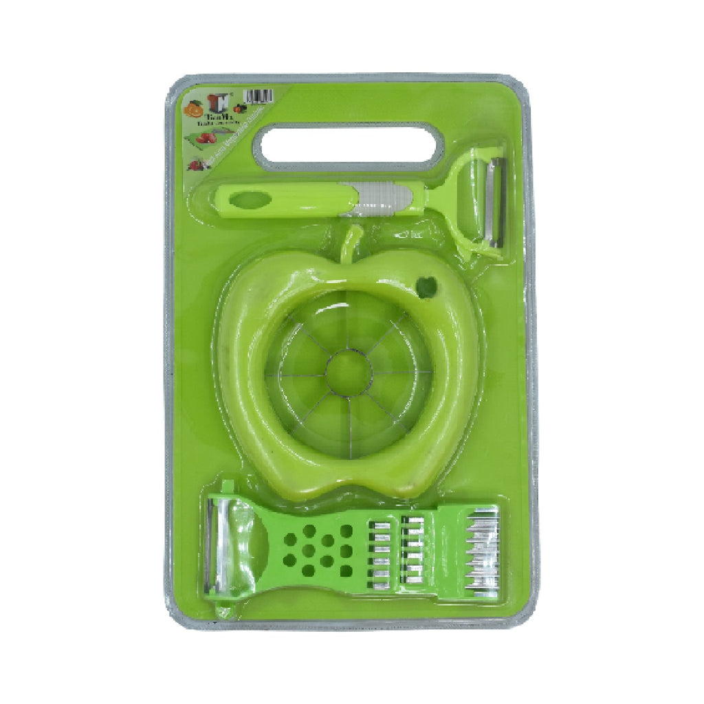 Efficient chopping board with knife set and scissors, ideal for cutting vegetables.