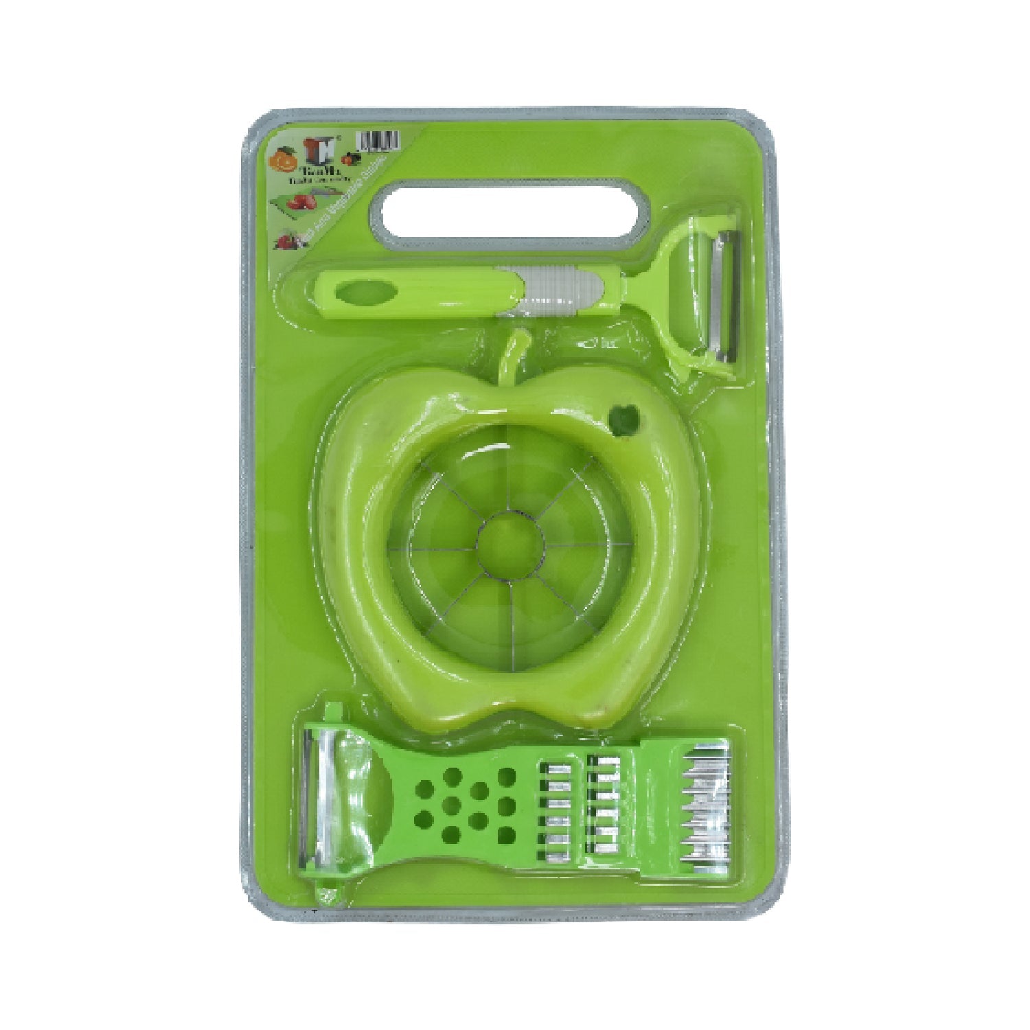 Efficient chopping board with knife set and scissors, ideal for cutting vegetables.