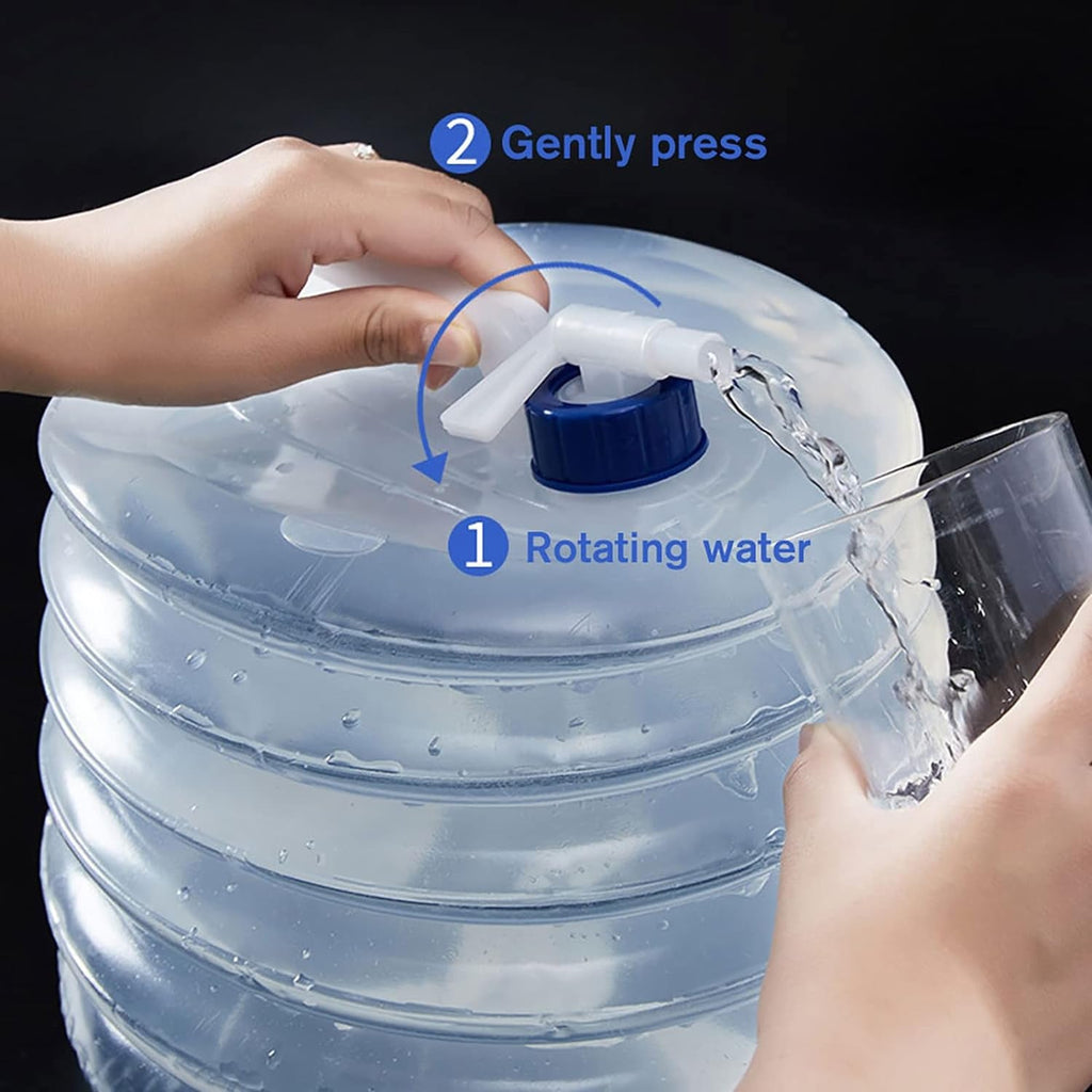 Folded collapsible water container with secure cap and sturdy carry handle.