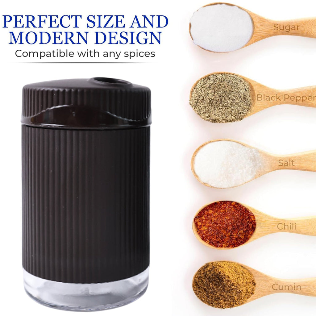 Side view of Supermom Linoo salt and pepper dispensers showing ribbed grip design
